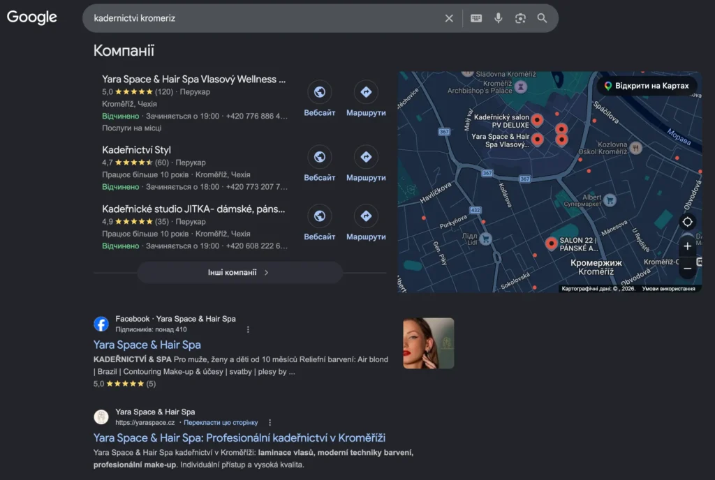 Google results for "kadernictvi kromeriz" - Yara Space & Hair Spa #1 in the Map Pack with a 5.0 rating and 120 reviews, and #1 in organic results below