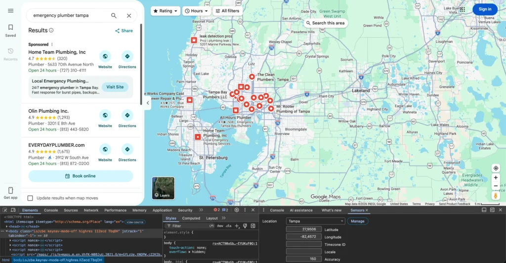 Checking why a business is not showing on Google Maps by overriding location in Chrome DevTools